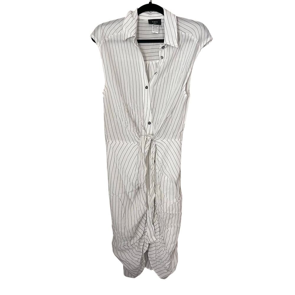 Vici Stripe Rayon Dress Ruched Small Cap Sleeve Button Front Bodycon Sheer NWOT